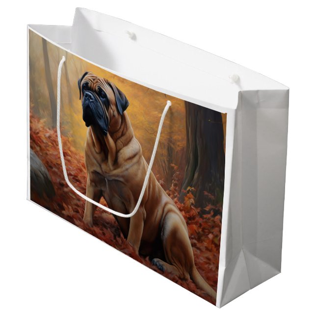 Bullmastiff im Herbst Leaves Fall Inspiriert Große Geschenktüte (Vorderseite Schrägansicht)