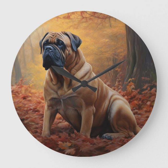 Bullmastiff im Herbst Leaves Fall Inspiriert Große Wanduhr (Vorderseite)
