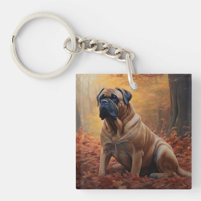 Bullmastiff im Herbst Leaves Fall Inspiriert Schlüsselanhänger (Vorderseite)