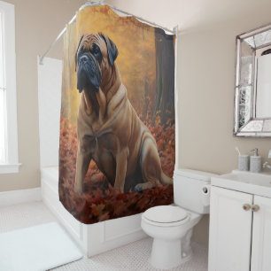 Bullmastiff im Herbstlaubfall inspiriert Duschvorhang