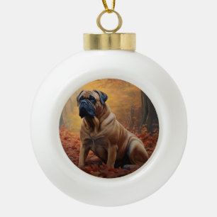 Bullmastiff im Herbstlaubfall inspiriert Keramik Kugel-Ornament