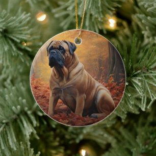 Bullmastiff im Herbstlaubfall inspiriert Keramik Ornament