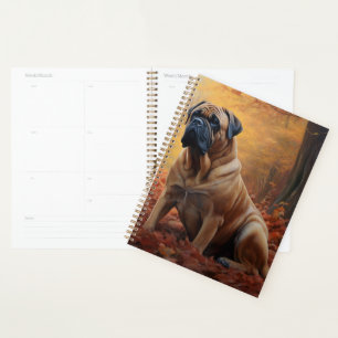 Bullmastiff im Herbstlaubfall inspiriert Planer