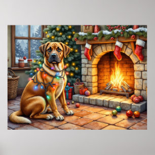 Bullmastiff-Kamin mit Weihnachtslichtern Poster