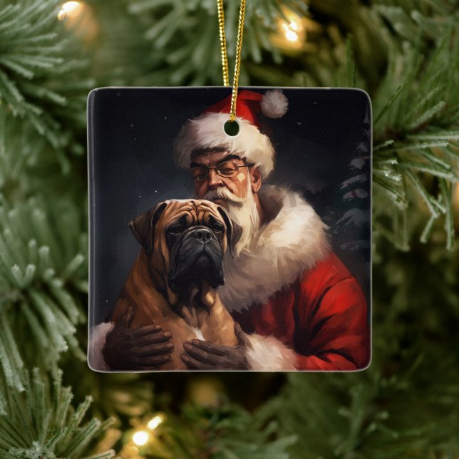 Bullmastiff mit Weihnachtsmann Weihnachten Keramikornament (Baum)