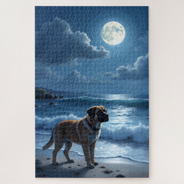 Bullmastiff-Mondlicht-Strandszene Puzzle (Vertikal)