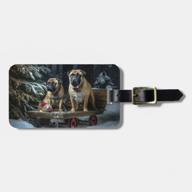 Bullmastiff Snowy Sleigh Weihnachtsdekor Gepäckanhänger (Vorderseite horizontal)