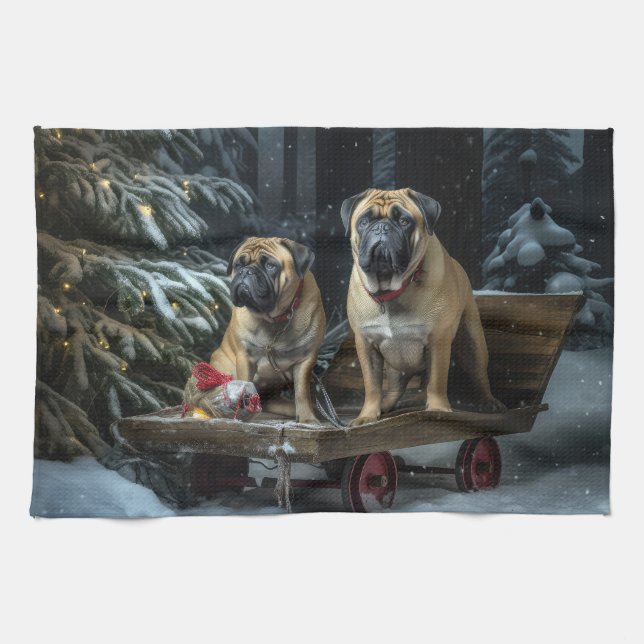Bullmastiff Snowy Sleigh Weihnachtsdekor Geschirrtuch (Horizontal)