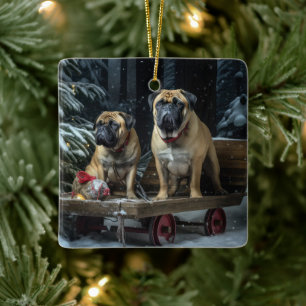Bullmastiff Snowy Sleigh Weihnachtsdekor Keramikornament