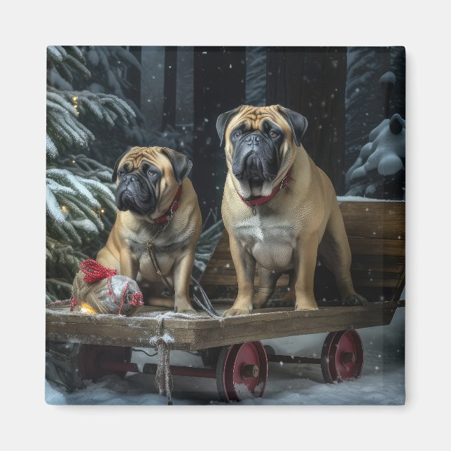 Bullmastiff Snowy Sleigh Weihnachtsdekor Magnet (Vorne)
