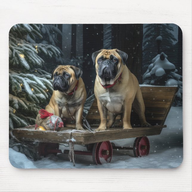 Bullmastiff Snowy Sleigh Weihnachtsdekor Mousepad (Vorne)