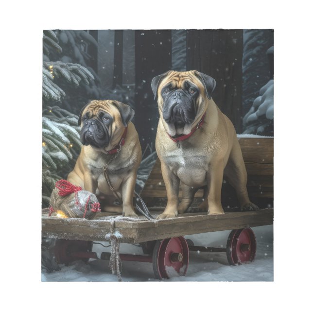 Bullmastiff Snowy Sleigh Weihnachtsdekor Notizblock (Vorderseite)