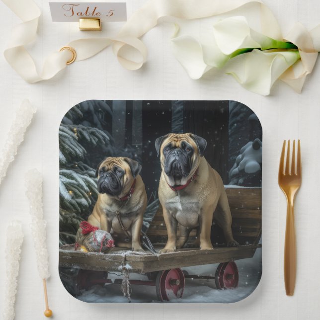 Bullmastiff Snowy Sleigh Weihnachtsdekor Pappteller (Hochzeit)