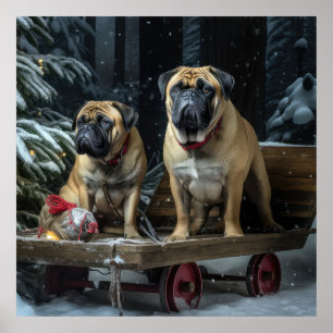 Bullmastiff Snowy Sleigh Weihnachtsdekor Poster