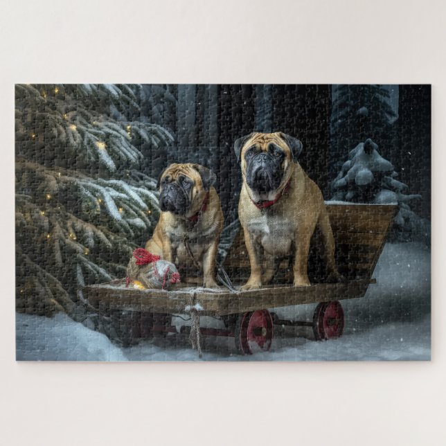 Bullmastiff Snowy Sleigh Weihnachtsdekor Puzzle (Horizontal)