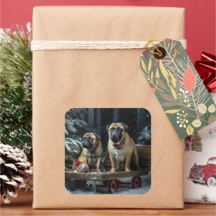Bullmastiff Snowy Sleigh Weihnachtsdekor Quadratischer Aufkleber