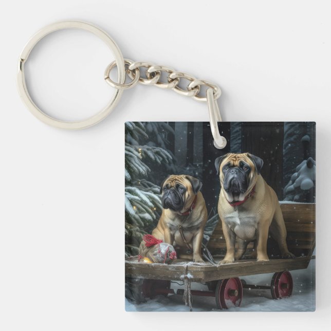 Bullmastiff Snowy Sleigh Weihnachtsdekor Schlüsselanhänger (Vorderseite)