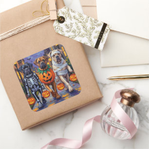Bullmastiff-Süßigkeiten-sammeln-Halloween-Kostüme Quadratischer Aufkleber