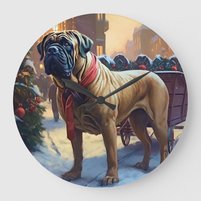Bullmastiff Weihnachtsfeiertage Große Wanduhr (Vorderseite)