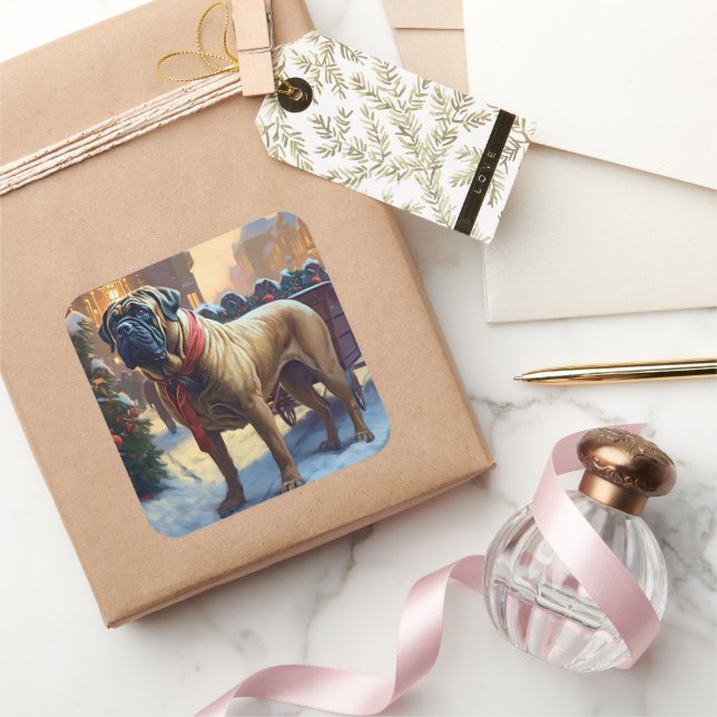 Bullmastiff Weihnachtsfeiertage Quadratischer Aufkleber (Schenken)