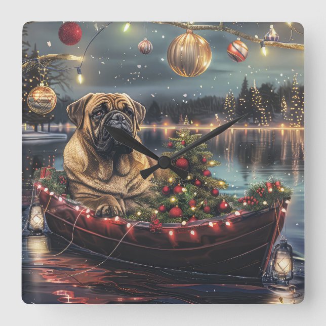 Bullmastiff Weihnachtsfest Reise Quadratische Wanduhr (Vorderseite)