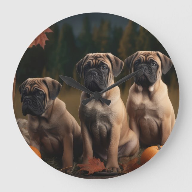 Bullmastiff Welpe Autumn Delight Pumpen Große Wanduhr (Vorderseite)