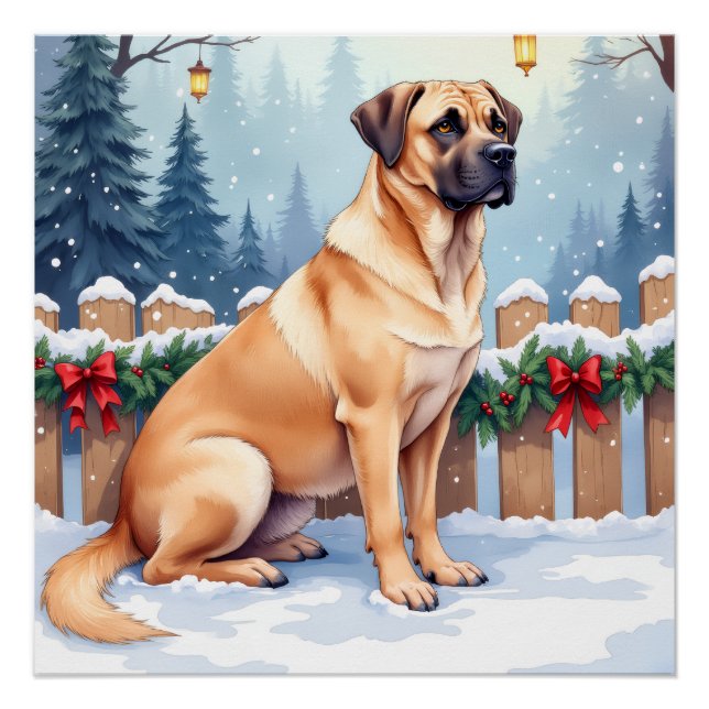 Bullmastiff Winter Forest Holly Christmas Art Poster (Vorderseite)