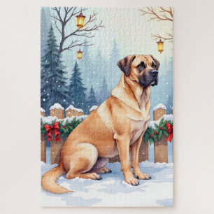 Bullmastiff Winterwald Stechpalme Weihnachtskunst Puzzle