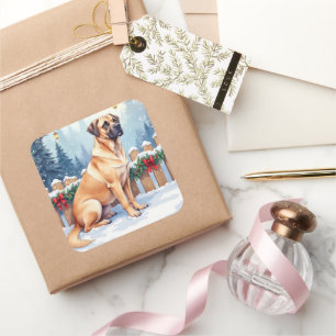 Bullmastiff Winterwald-Stechpalmen-Weihnachtskunst Quadratischer Aufkleber
