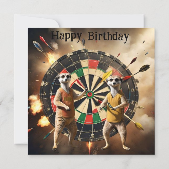 Bullseye Burrow: Meerkat Dart Players, Geburtstag Karte (Vorderseite)