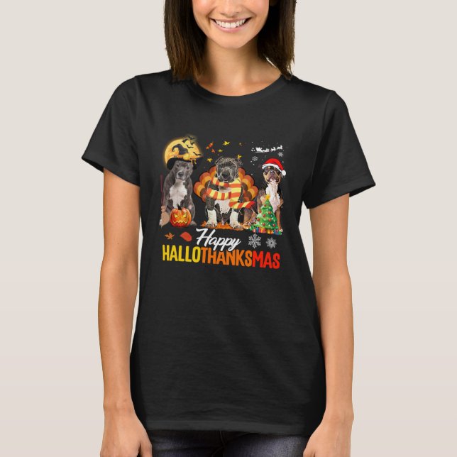 Bully Dog Happy Hallothanksmas Halloween Thanksgiv T-Shirt (Vorderseite)