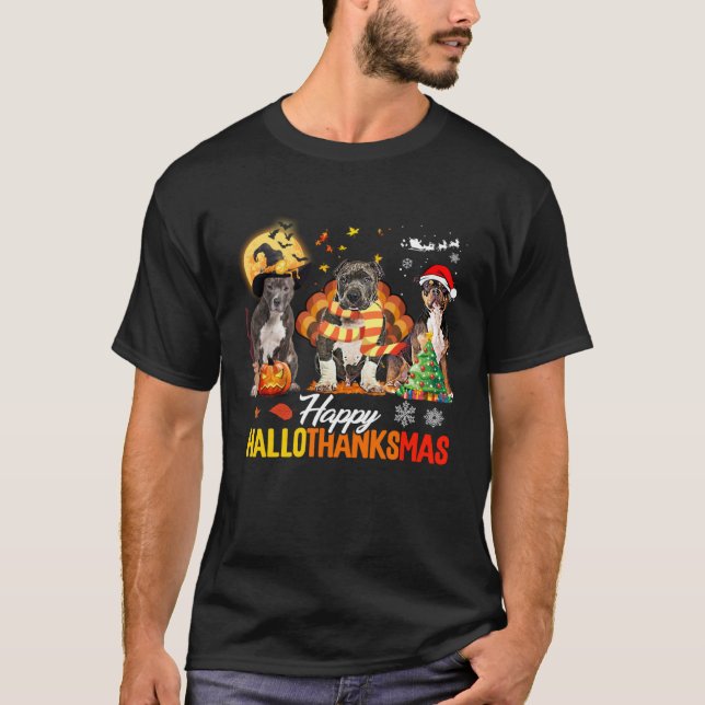 Bully Dog Happy Hallothanksmas Halloween Thanksgiv T-Shirt (Vorderseite)