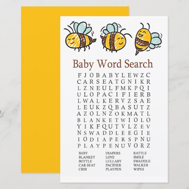 Bumble Bee Baby Shooter Word Search Game (Vorne/Hinten)