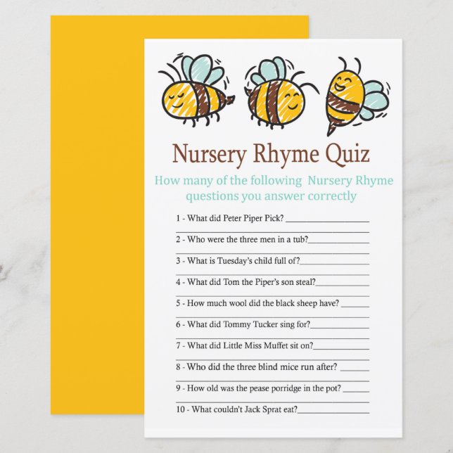 Bumble Bee Kinderzimmer Rhyme Quiz Babydusche Spie (Vorne/Hinten)