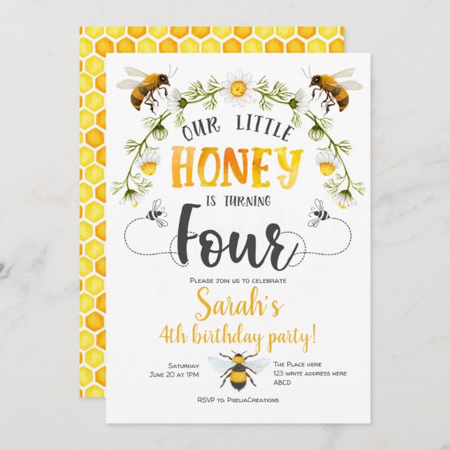 Bumble Bee. Kleiner Honig, Biene, 4. Geburtstag Einladung (Vorne/Hinten)
