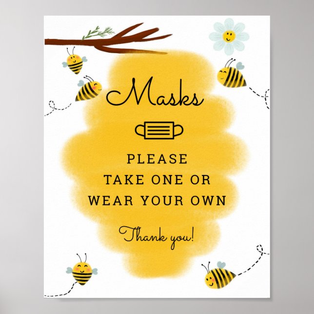 Bumble Bee Theme Baby Dusche Masken Zeichen Poster (Vorne)