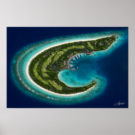 Bumerangförmige Insel mit Marina-Satellitenansicht Poster