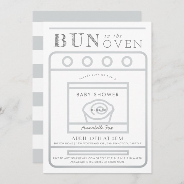 Bun in Oven Gray Baby Shower Einladung (Vorne/Hinten)
