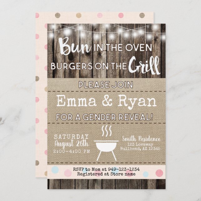 Bun in Oven GRILLEN Burlap Wood Gender Reveal Einladung (Vorne/Hinten)