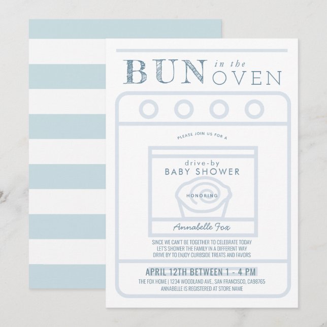 Bun in the Oven Boy Blue Drive-by Baby Shower Einladung (Vorne/Hinten)