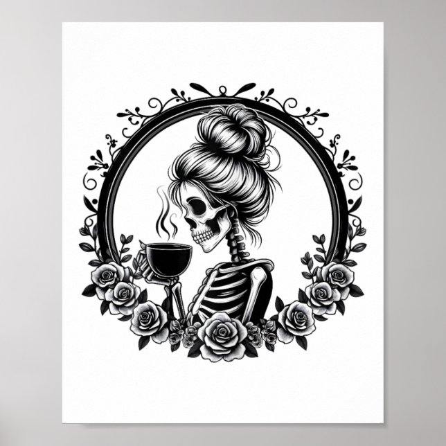 Bun Skeleton trinken Kaffee Vintag Halloween Spaß Poster (Vorne)