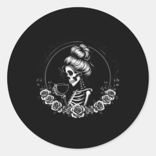 Bun Skeleton trinken Kaffee Vintag Halloween Spaß Runder Aufkleber
