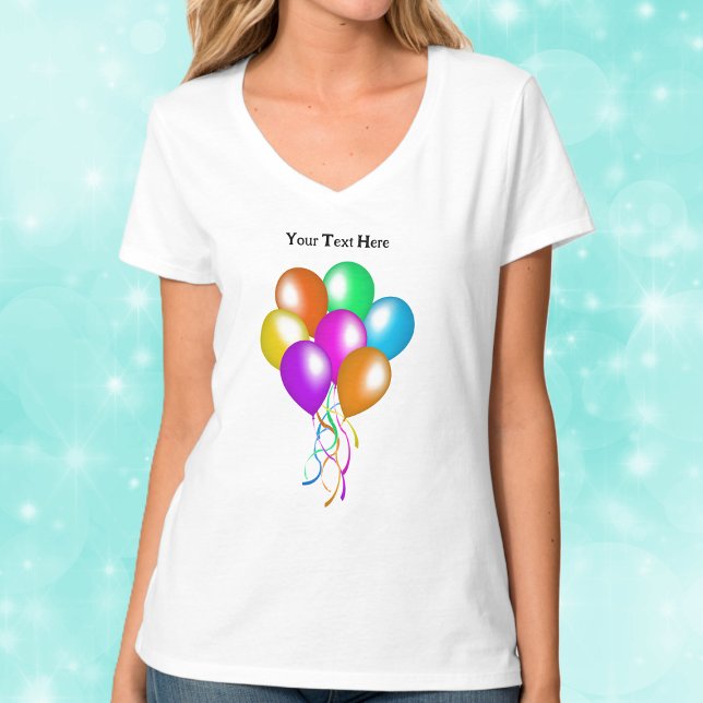 Bunch festlich hell farbenfrohe Balloons Streamer T-Shirt (Bunch of festive bright colourful balloons with matching hanging streamers on tee shirt.)
