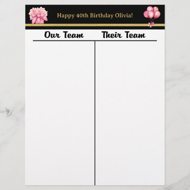 Bunco Black Gold Pink Birthday Tally Score Sheet (Vorderseite)