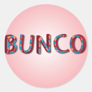 Bunco-Buchstaben mit Bunco-Würfeln Runder Aufkleber