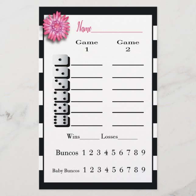 Bunco Schwarz-weiß rosa Blume Score Sheet Flyer (Vorne)