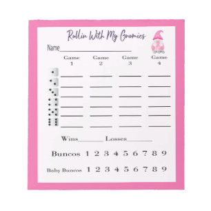 Bunco Score Sheet Pad Niedlich Gnome Pink Notizblock