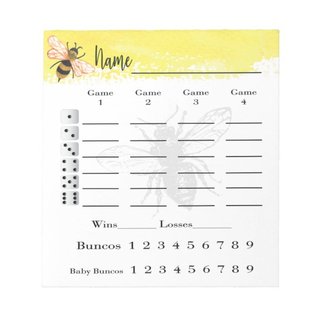 Bunco Score Sheets Bee Notizblock (Vorderseite)