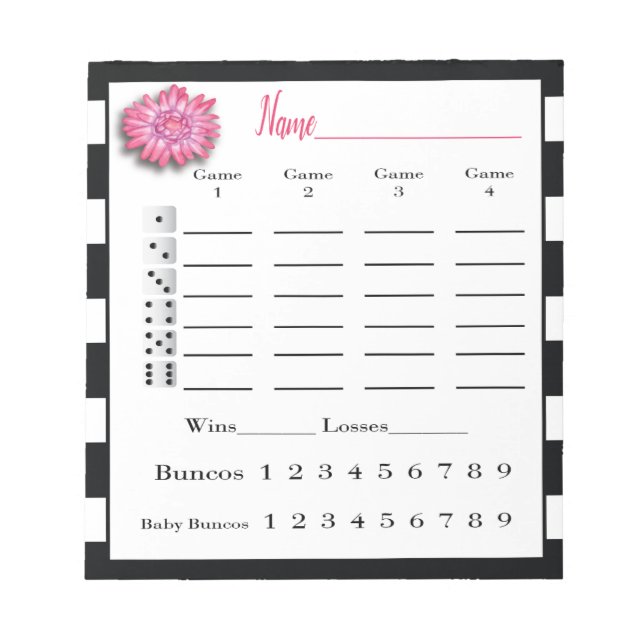 Bunco Score Sheets Schwarz-Weiß-Rosa-Blume Notizblock (Vorderseite)