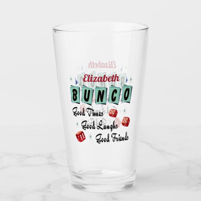 Bunco Spieler-Freund-Monogramm-Retro Würfel Glas (Vorderseite)
